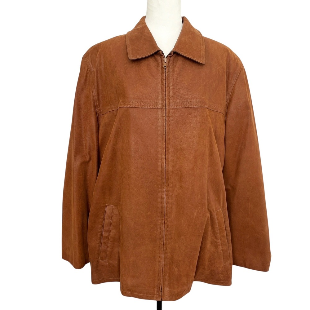 Mr Michaels Women's Leather Jacket Artisan Made Brown Cognac Zip Classic XL 44‎